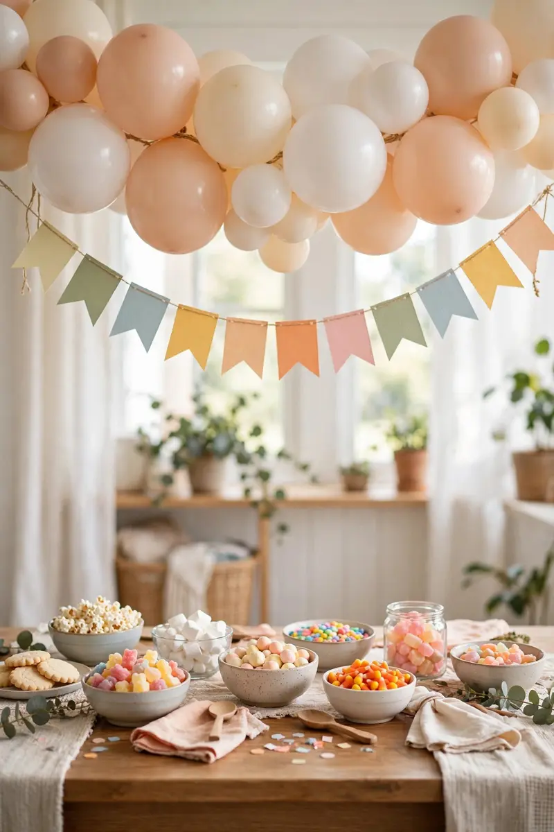 Pastel peach cream white candy corn balloon garland over kids party table