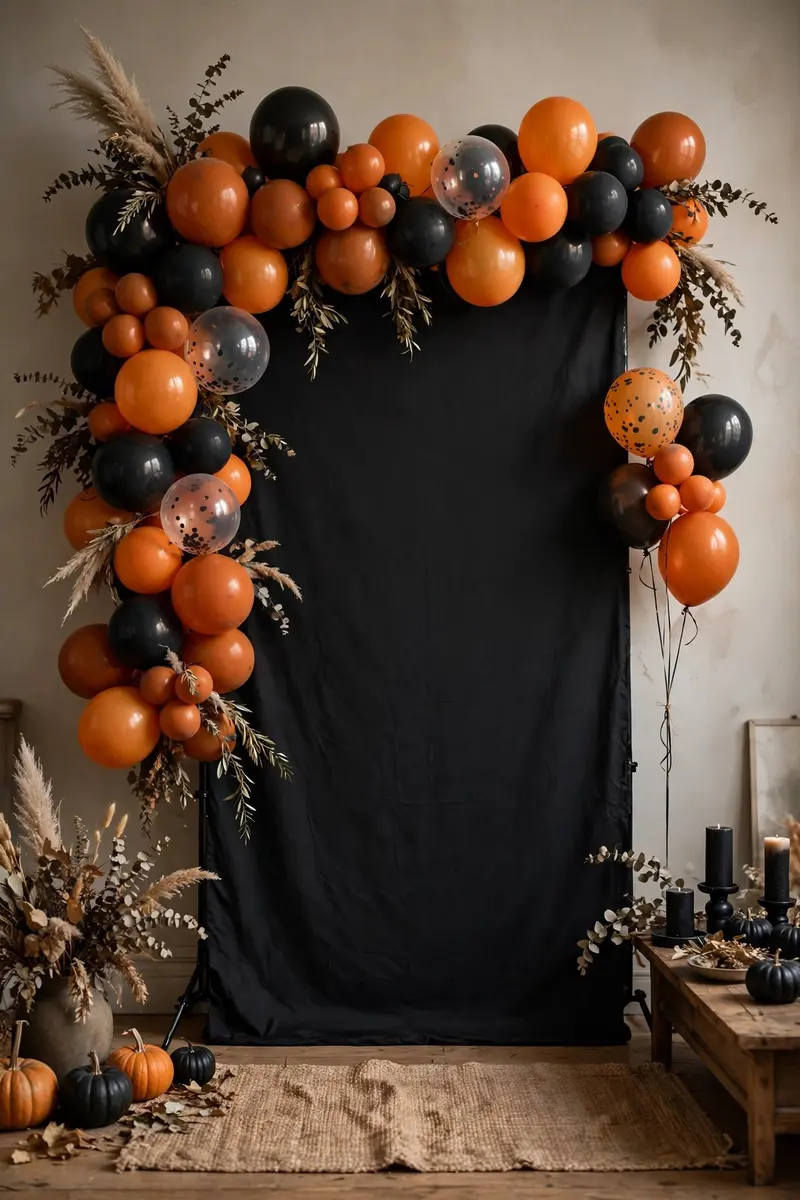 Orange and black balloon garland photo backdrop wall