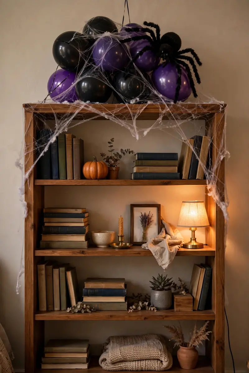 Black and purple balloon cluster with spider webs on bookshelf