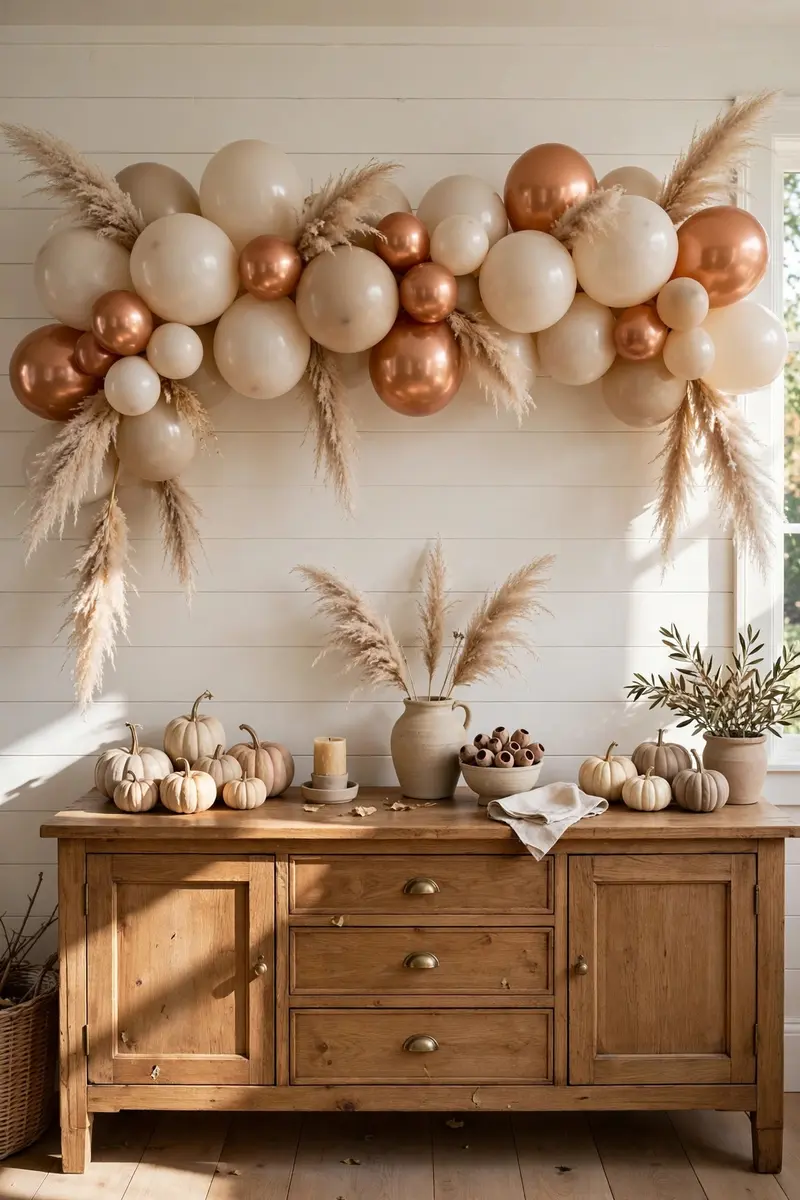 Cream beige copper balloon garland with pampas grass over sideboard