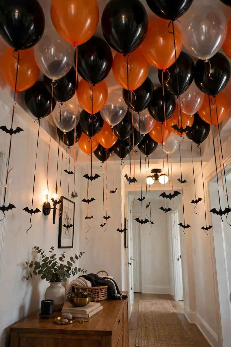 Floating black orange balloons ceiling canopy with paper bats in hallway