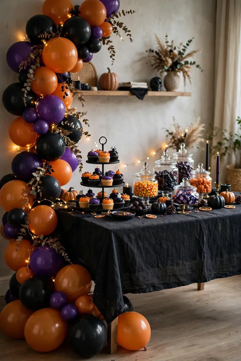 Orange black purple balloon garland cascading beside dessert table
