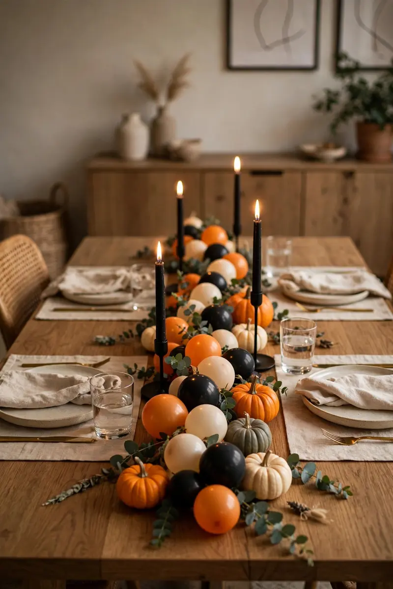 Small balloon garland table runner with candles and mini pumpkins
