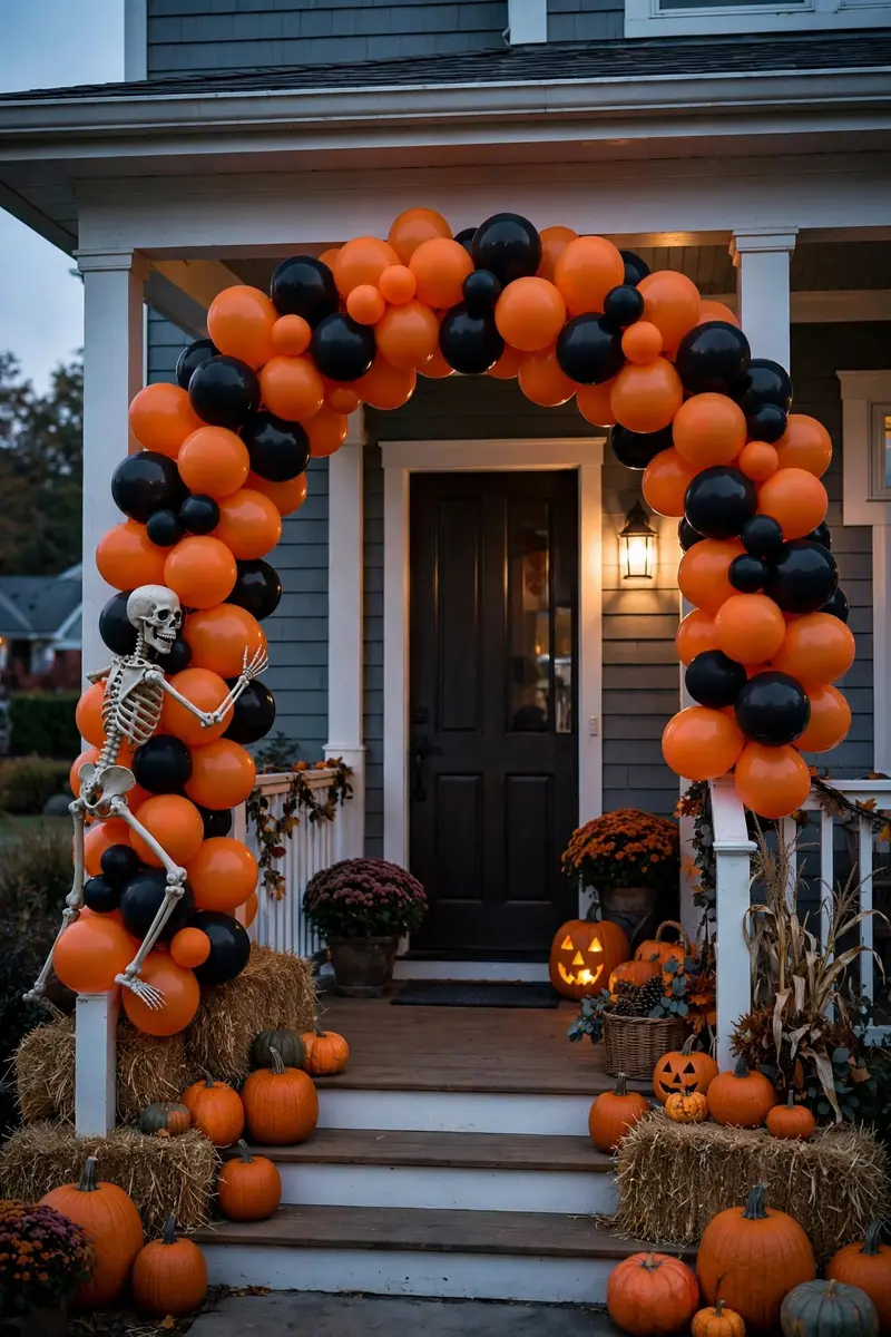Outdoor orange and black balloon arch on front porch with skeleton