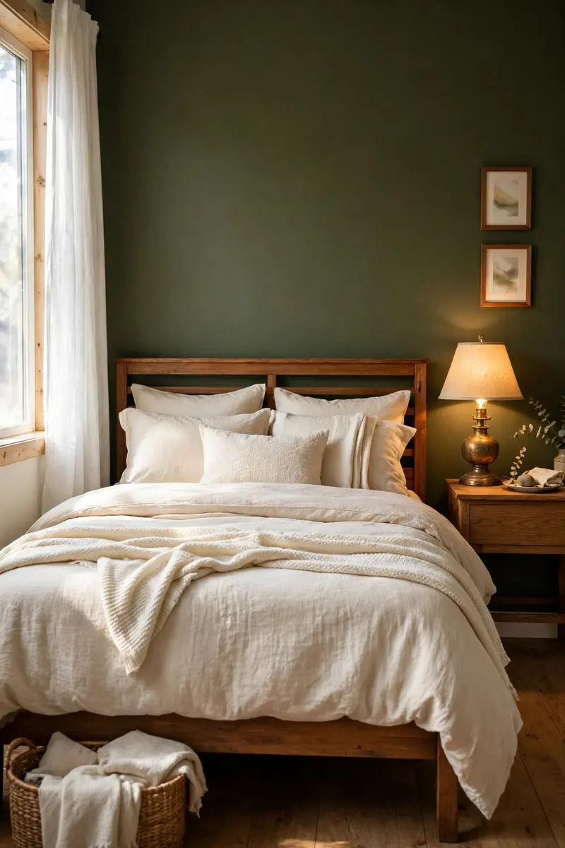 Olive green bedroom ideas — olive green accent wall behind a bed with cream bedding