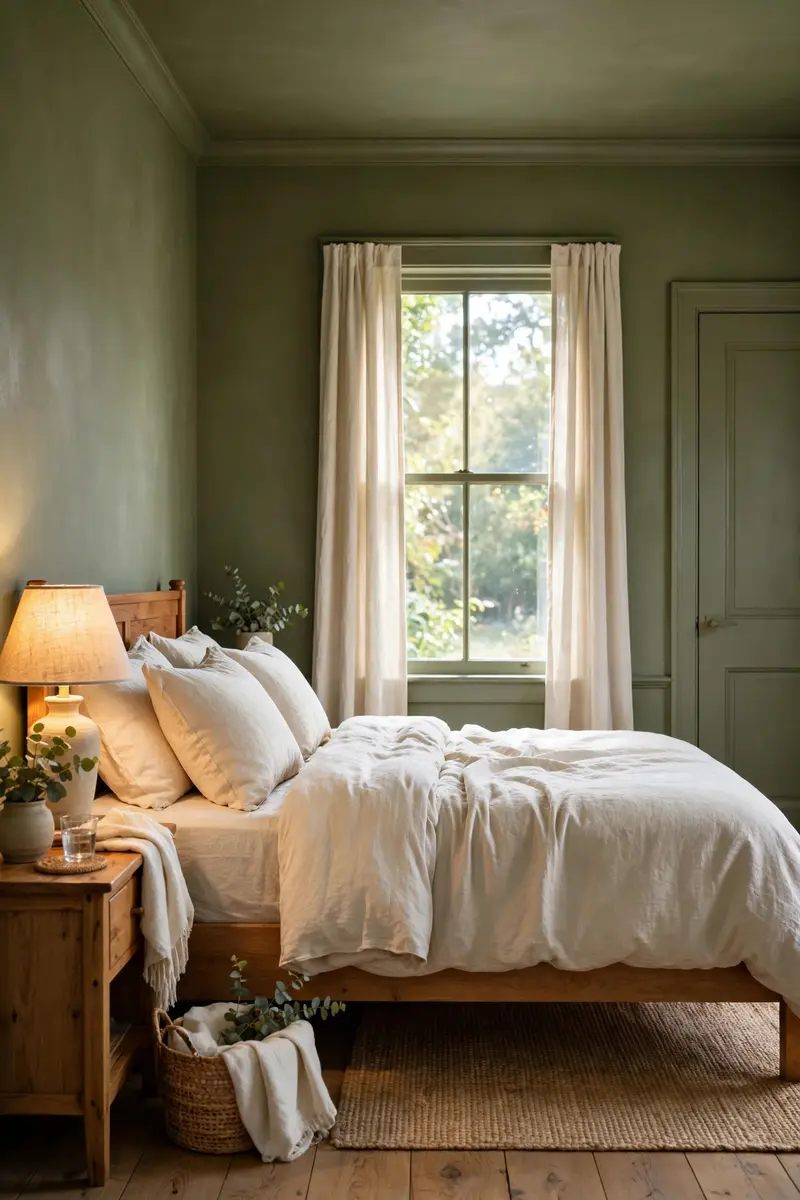 Olive green bedroom ideas with color-drenched smoky olive walls and wood furniture