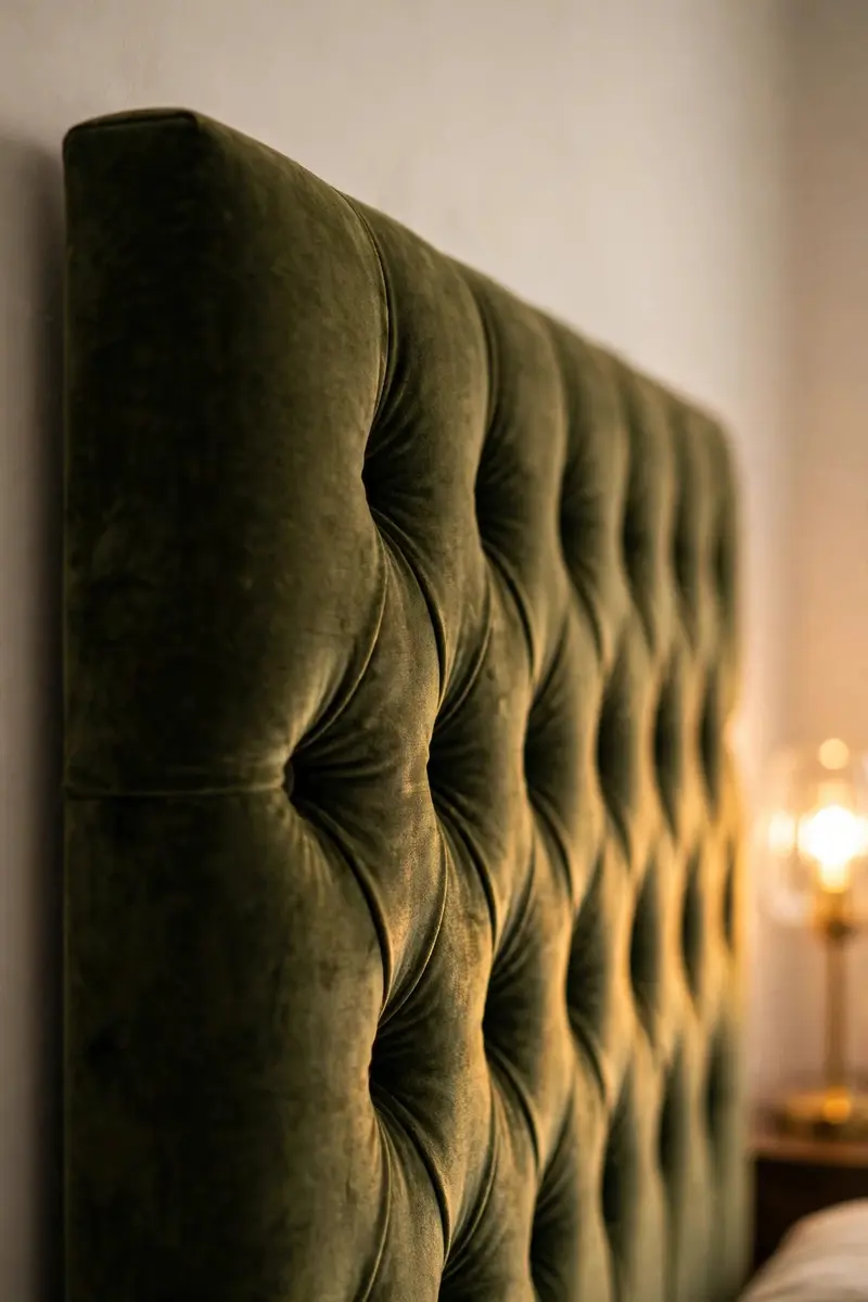 Olive velvet upholstered headboard in a warm neutral bedroom
