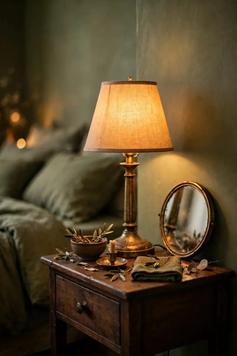 Aged brass table lamps and decor accents against olive green walls