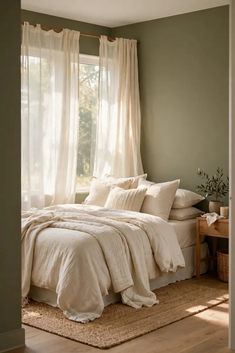 Serene bedroom pairing olive green walls with cream bedding