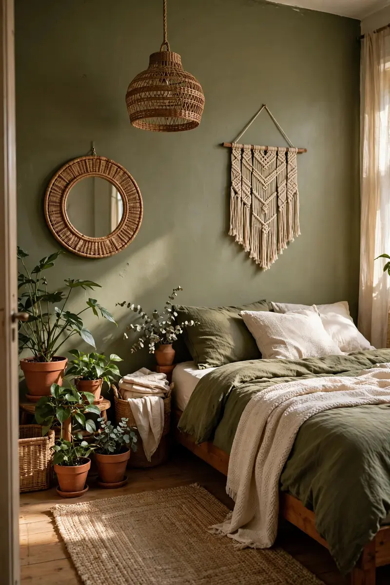 Boho olive green bedroom with rattan mirror, plants, and woven textures