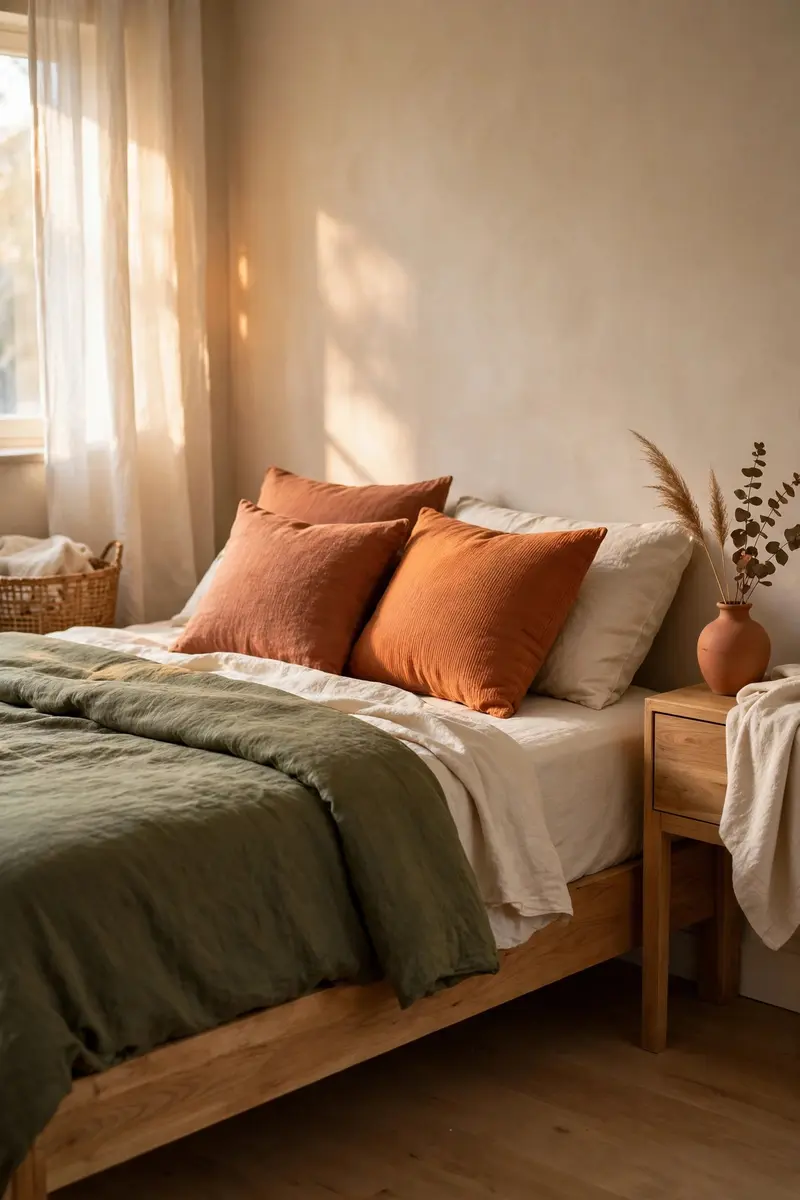 Olive green bedroom with burnt orange terracotta throw pillows