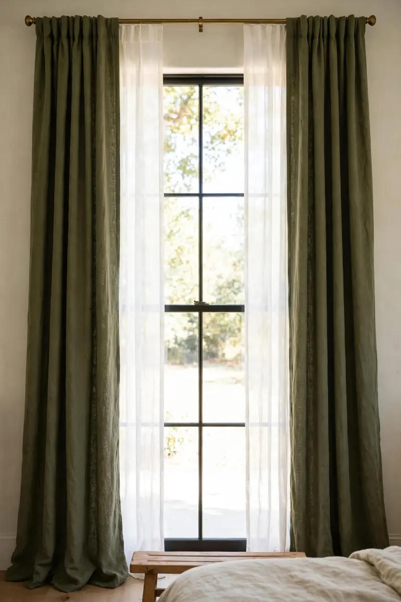 Floor-length olive green curtains in a bright bedroom