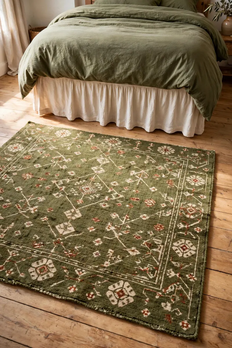 Olive green area rug grounding a neutral bedroom