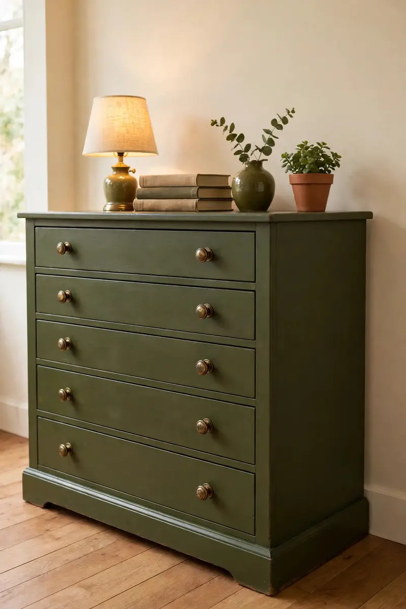 Wooden dresser painted olive green with brass knobs