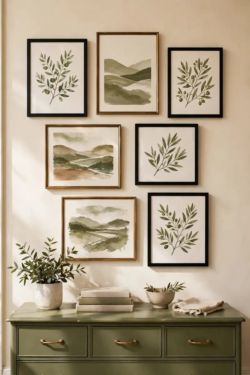 Gallery wall with olive-toned botanical art prints above a dresser