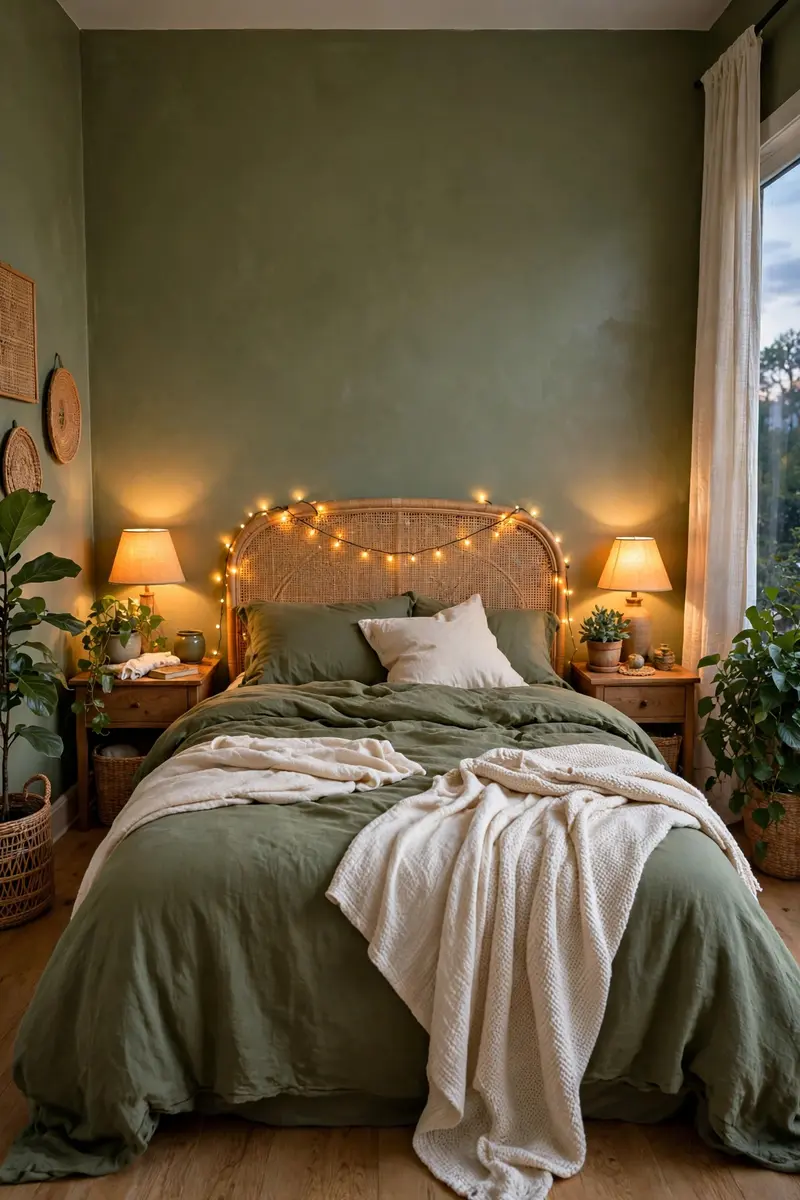 Olive green bedroom with warm amber lamps and houseplants