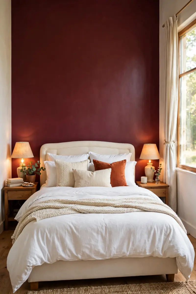 Burgundy bedroom ideas — deep wine accent wall behind a cream upholstered bed