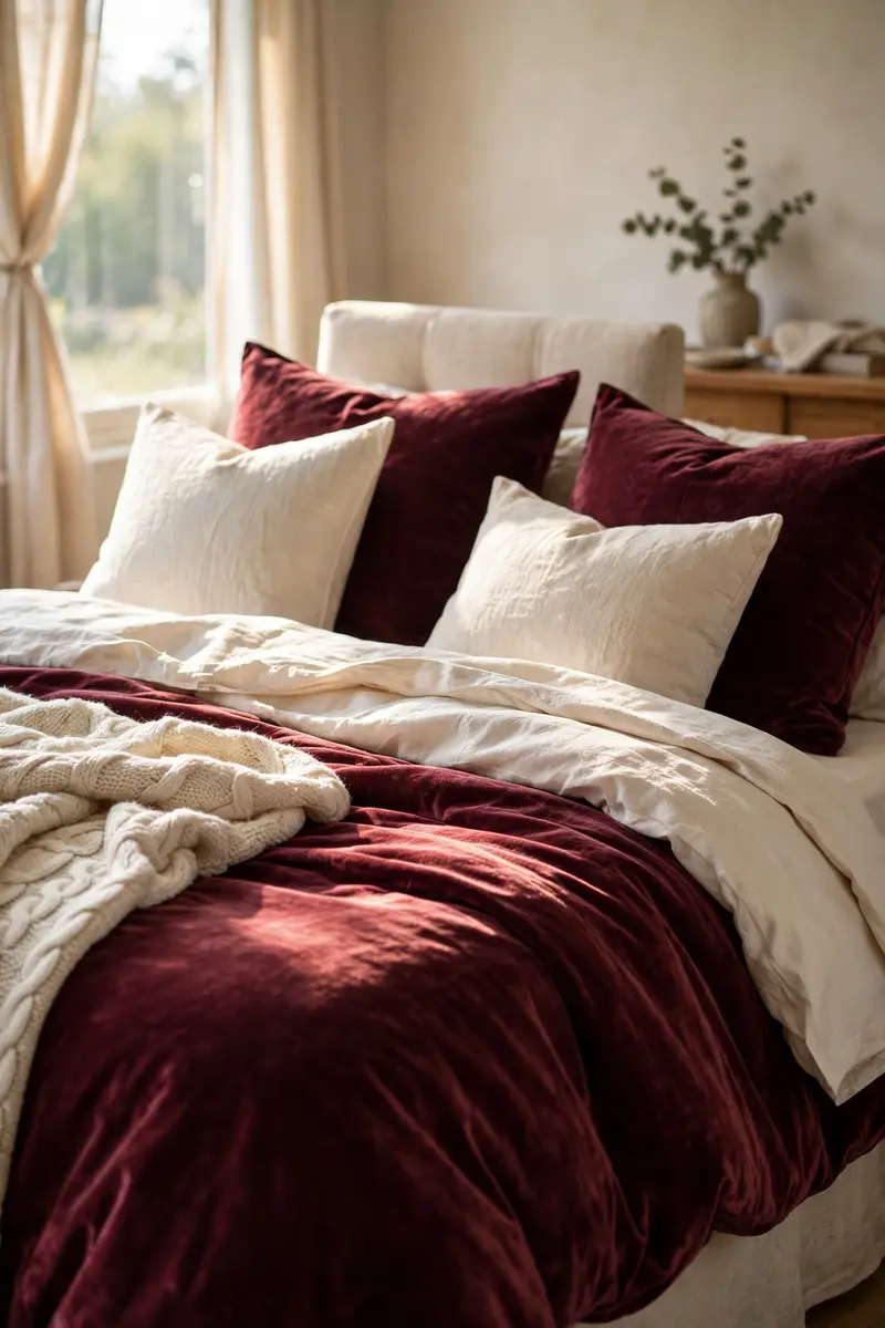 Burgundy bedroom ideas — layered velvet duvet with cream sheets and knit throw