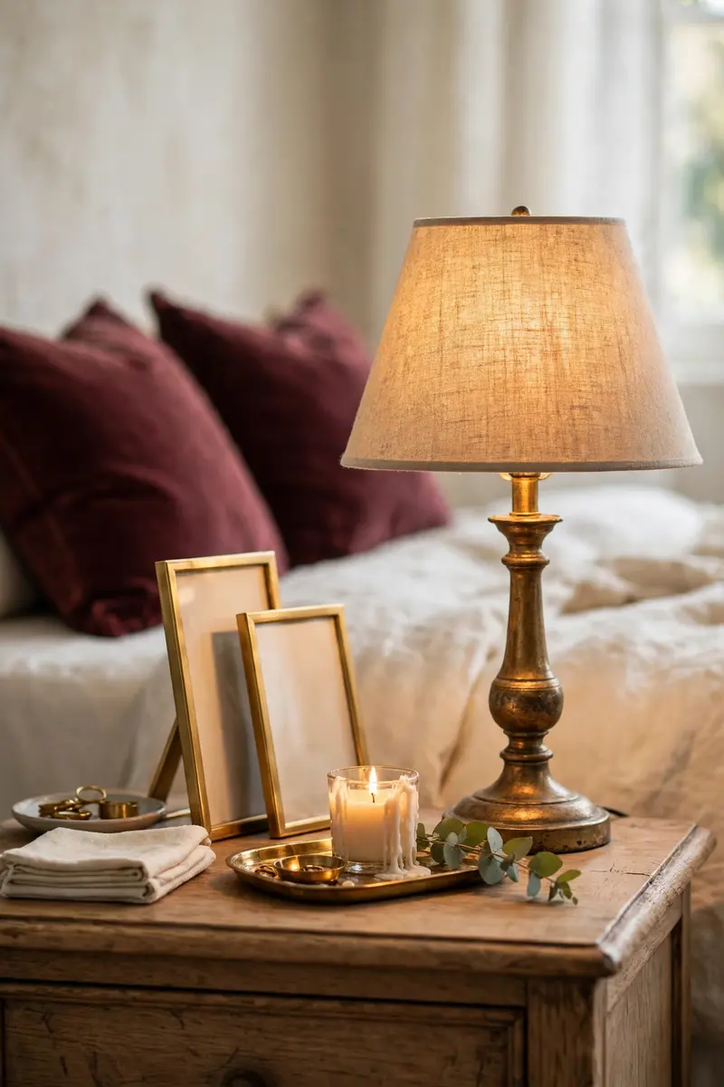 Burgundy bedroom ideas — brass lamp and gold accents on a bedroom nightstand