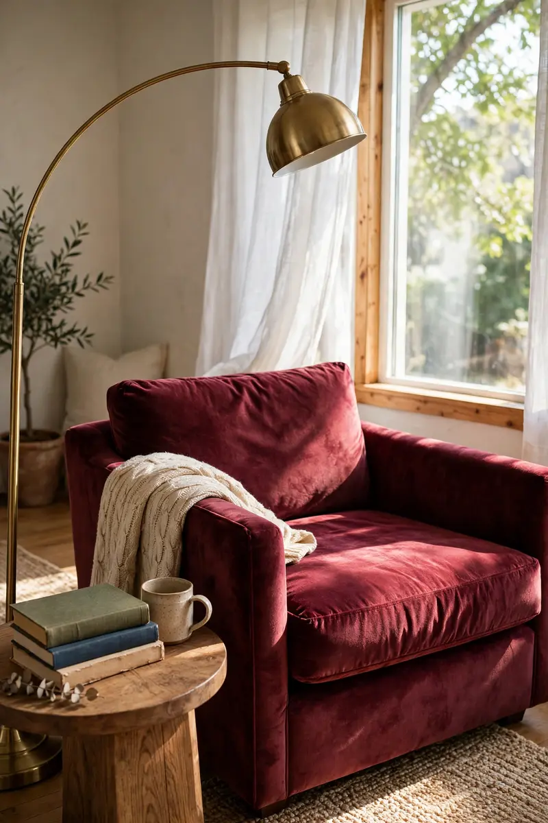Burgundy velvet accent chair in a bright bedroom reading nook