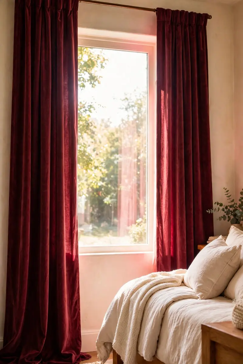 Floor-length burgundy velvet curtains framing a bedroom window
