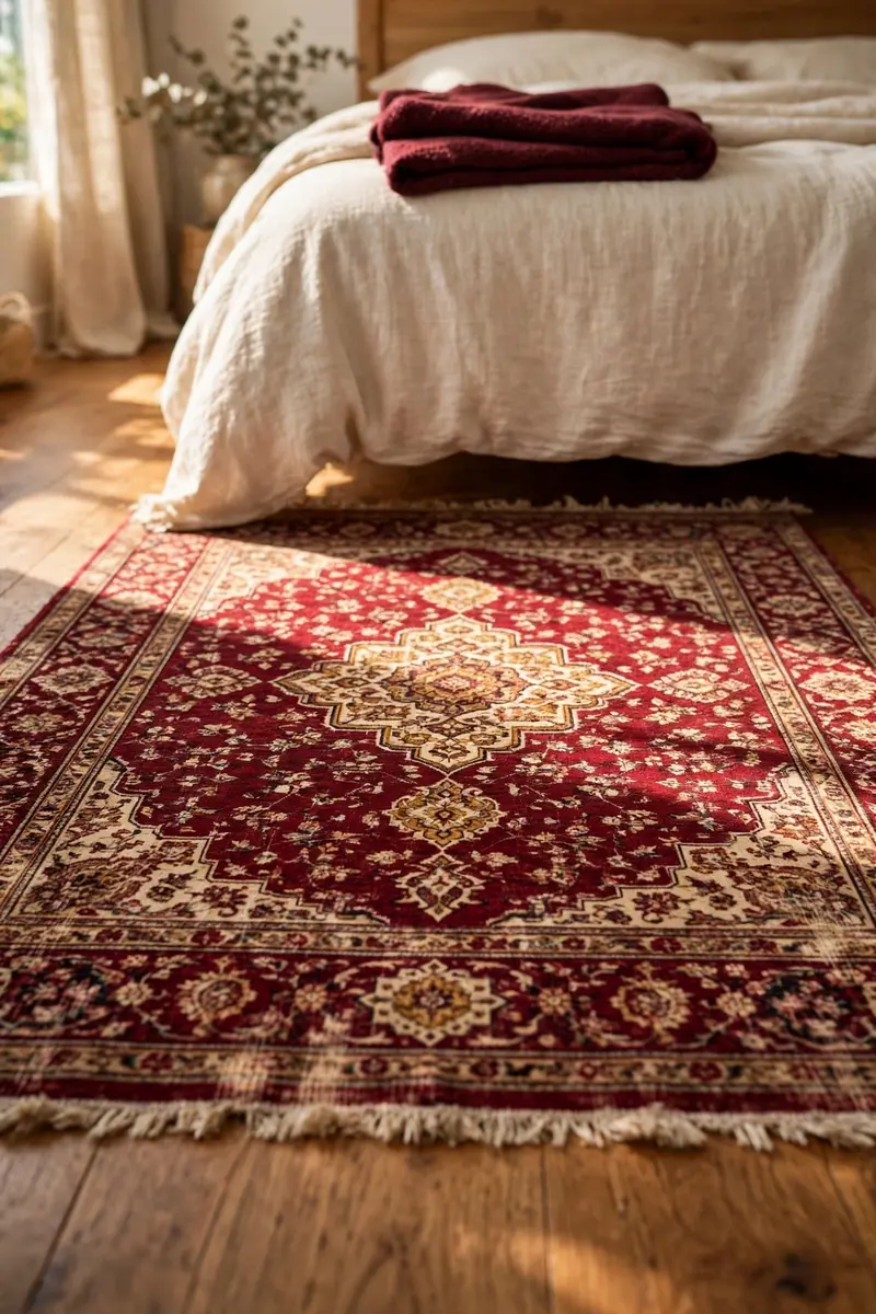 Vintage-style burgundy medallion area rug under the foot of a bed