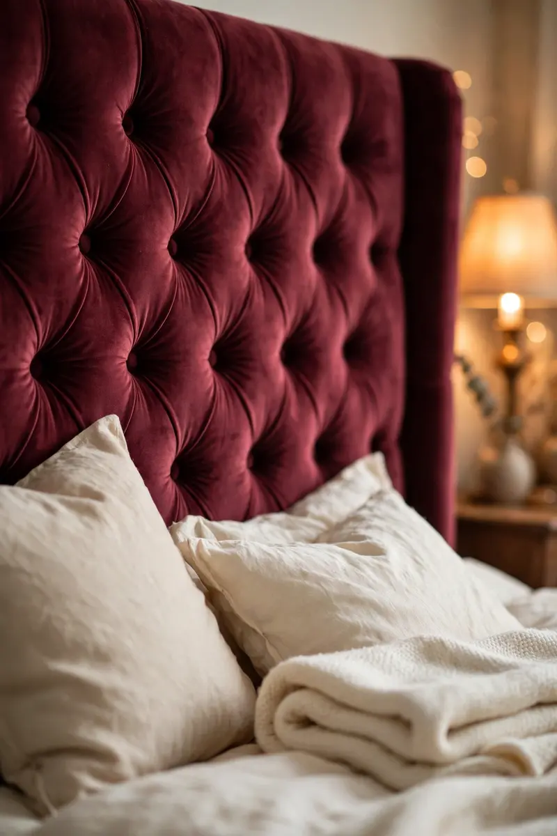 Close-up of a burgundy velvet button-tufted headboard
