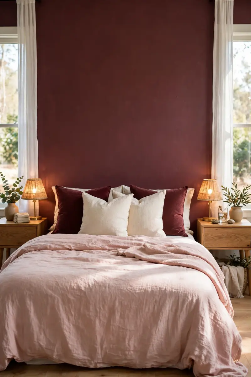 Blush pink linen bedding against a burgundy accent wall