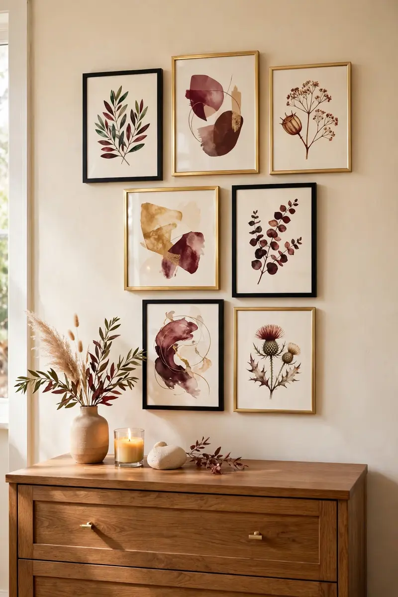 Gallery wall of burgundy-toned art prints over a wooden dresser