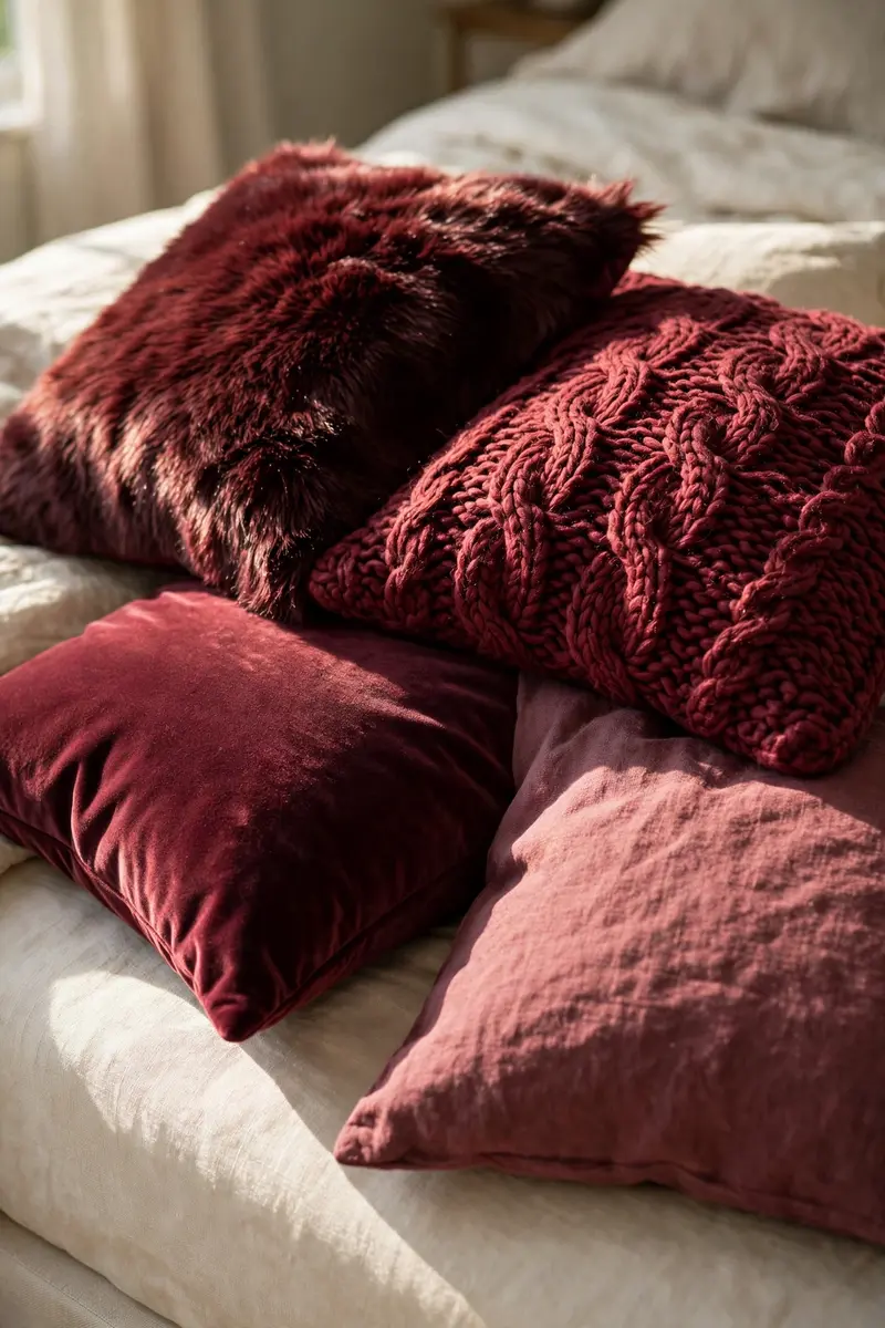 Mix of burgundy throw pillows in velvet, knit and faux fur textures