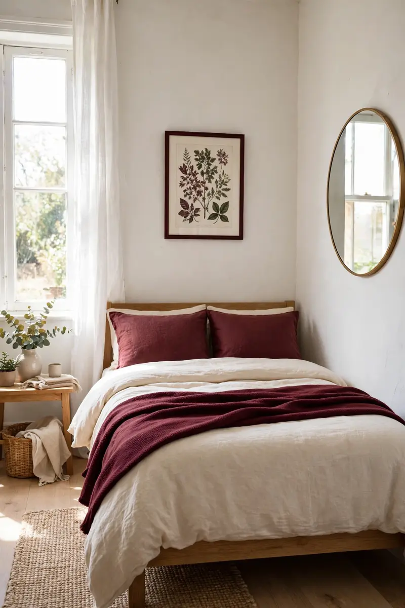 Small bright bedroom with burgundy throw and pillow accents