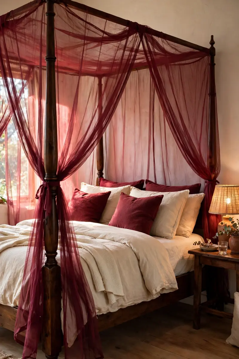 Sheer burgundy canopy drapes tied back on a four-poster bed