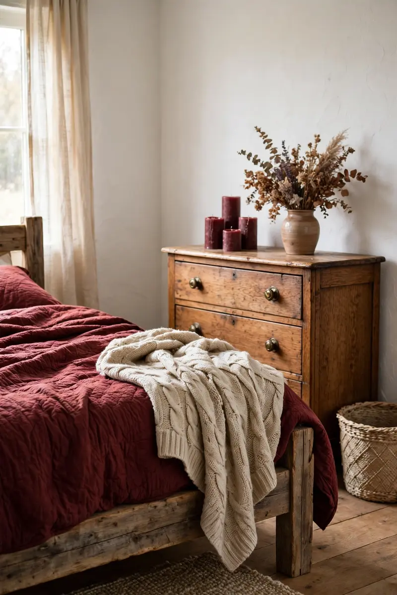Farmhouse bedroom with reclaimed wood bed and burgundy quilt
