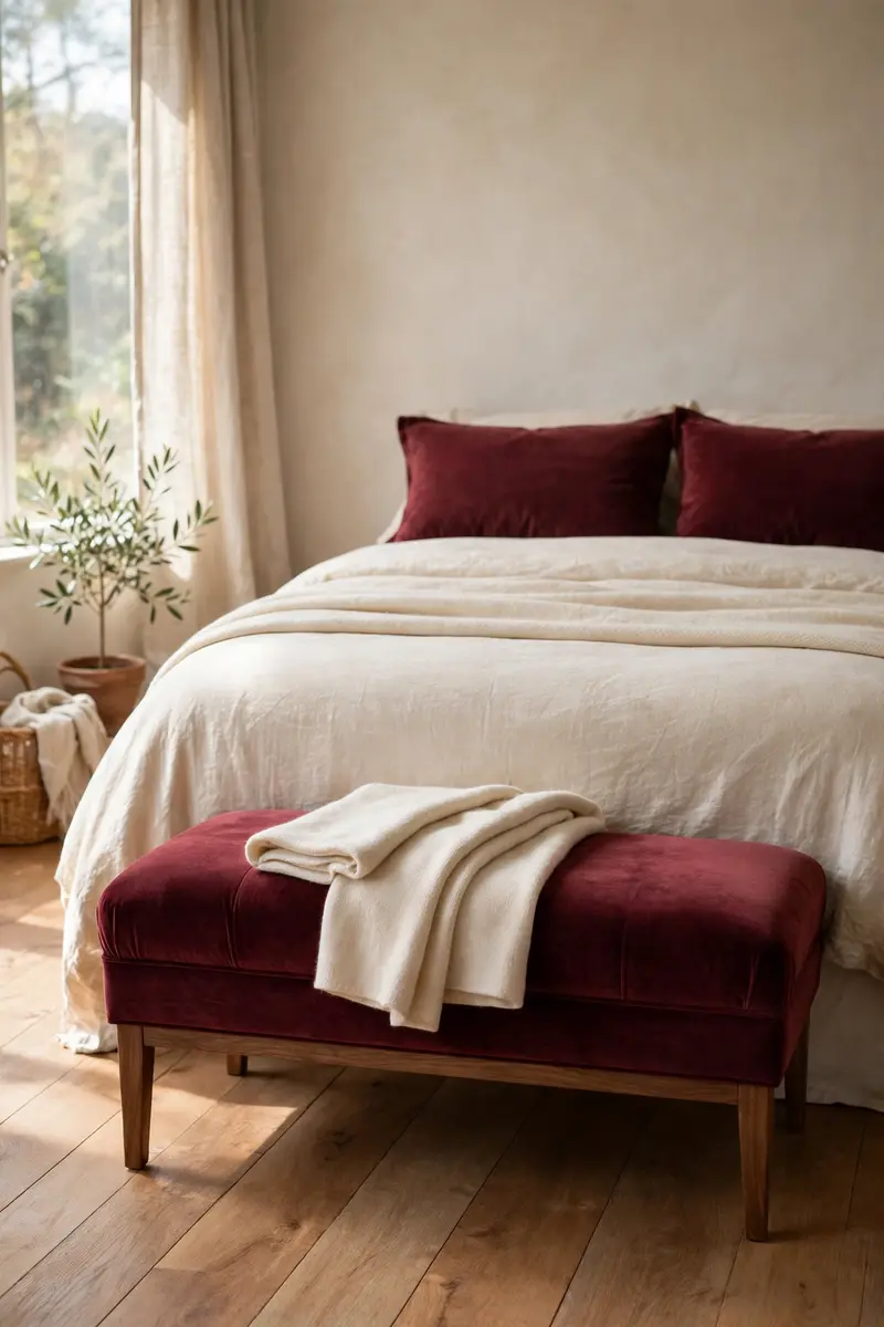 Burgundy velvet bench with cream throw at the foot of a bed