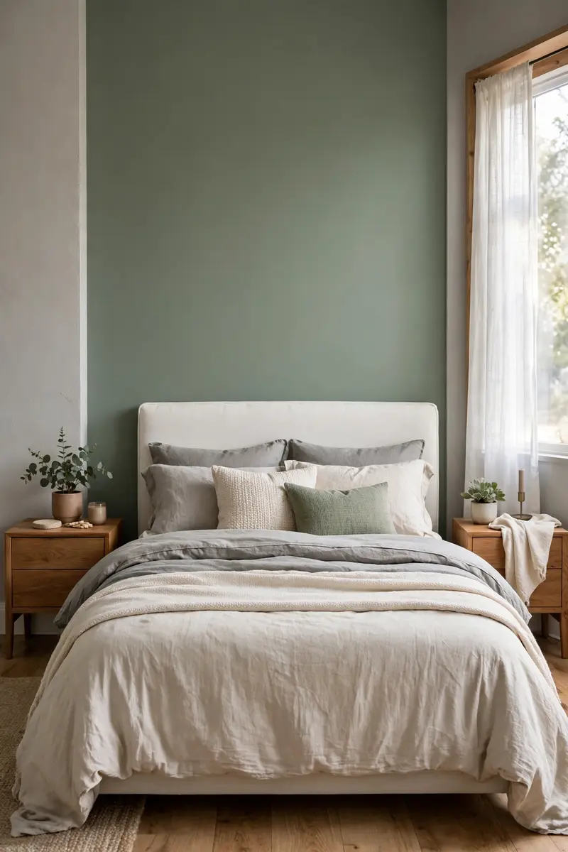 Sage green and grey bedroom ideas — sage feature wall behind a white upholstered bed