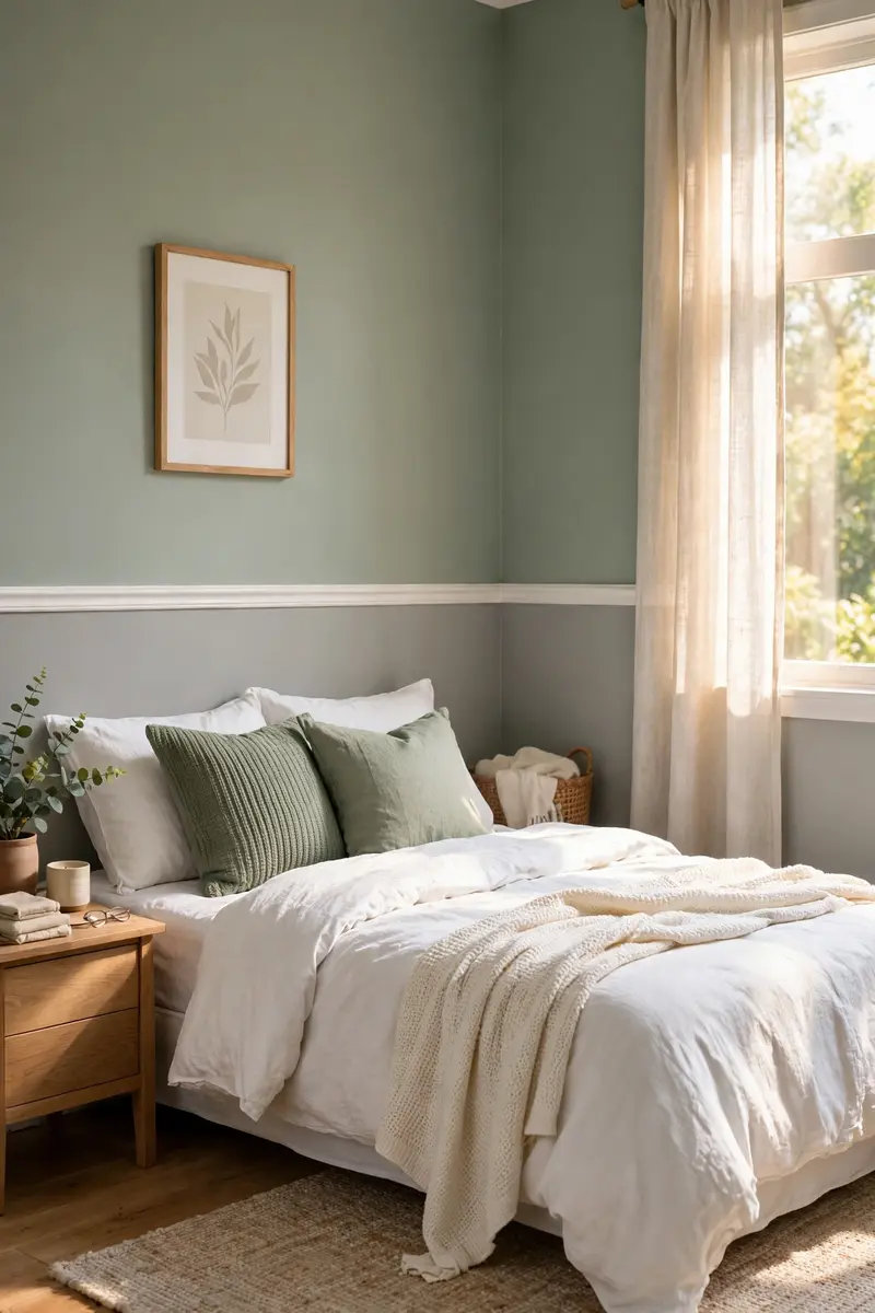 Sage green and grey bedroom ideas — two-tone walls in sage and grey with white chair rail