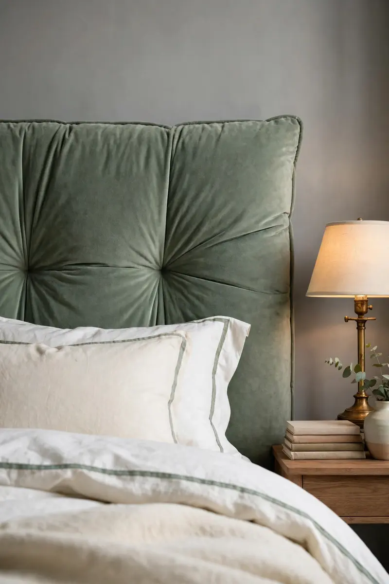 Sage green and grey bedroom ideas — plush sage upholstered headboard against grey walls