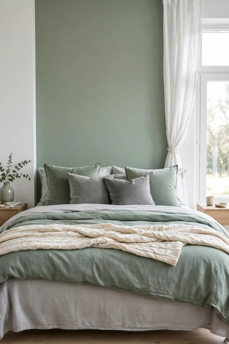 Layered grey and sage green bedding with knit throw on a styled bed