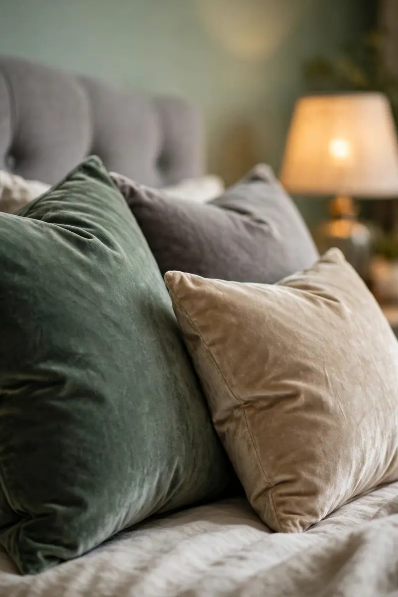Sage green and grey velvet throw pillows catching warm lamplight
