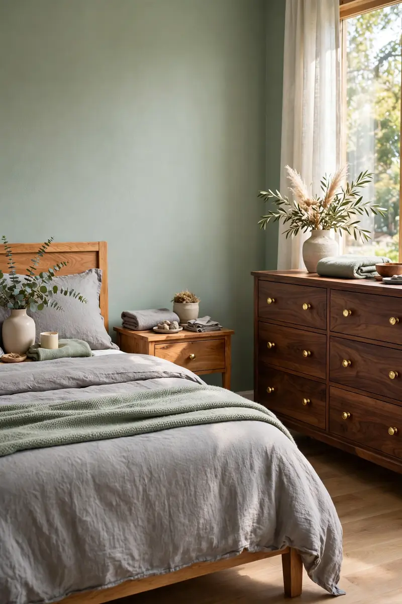 Warm natural wood nightstands and dresser in a sage and grey bedroom