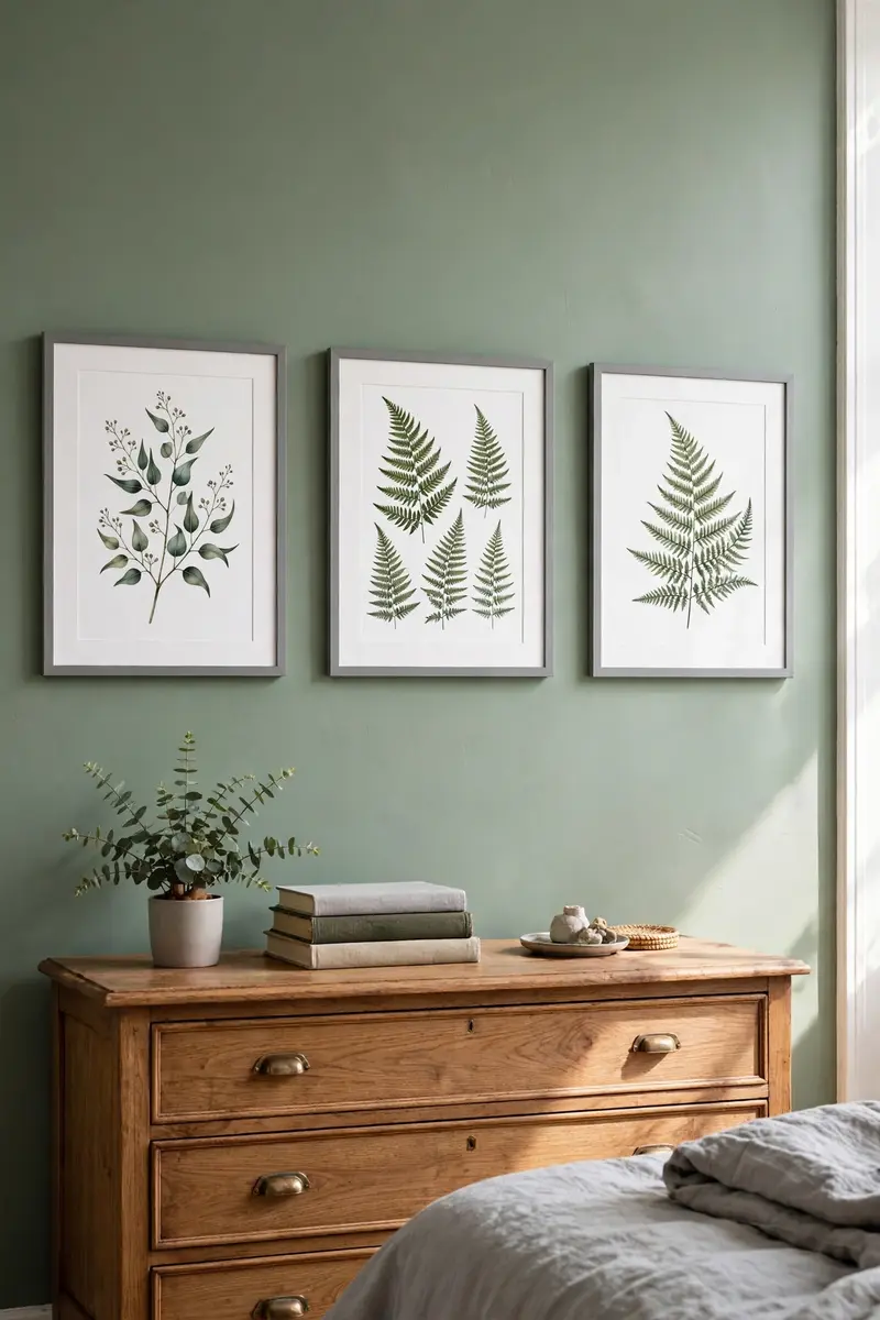 Botanical prints in slim grey frames on a sage green bedroom wall