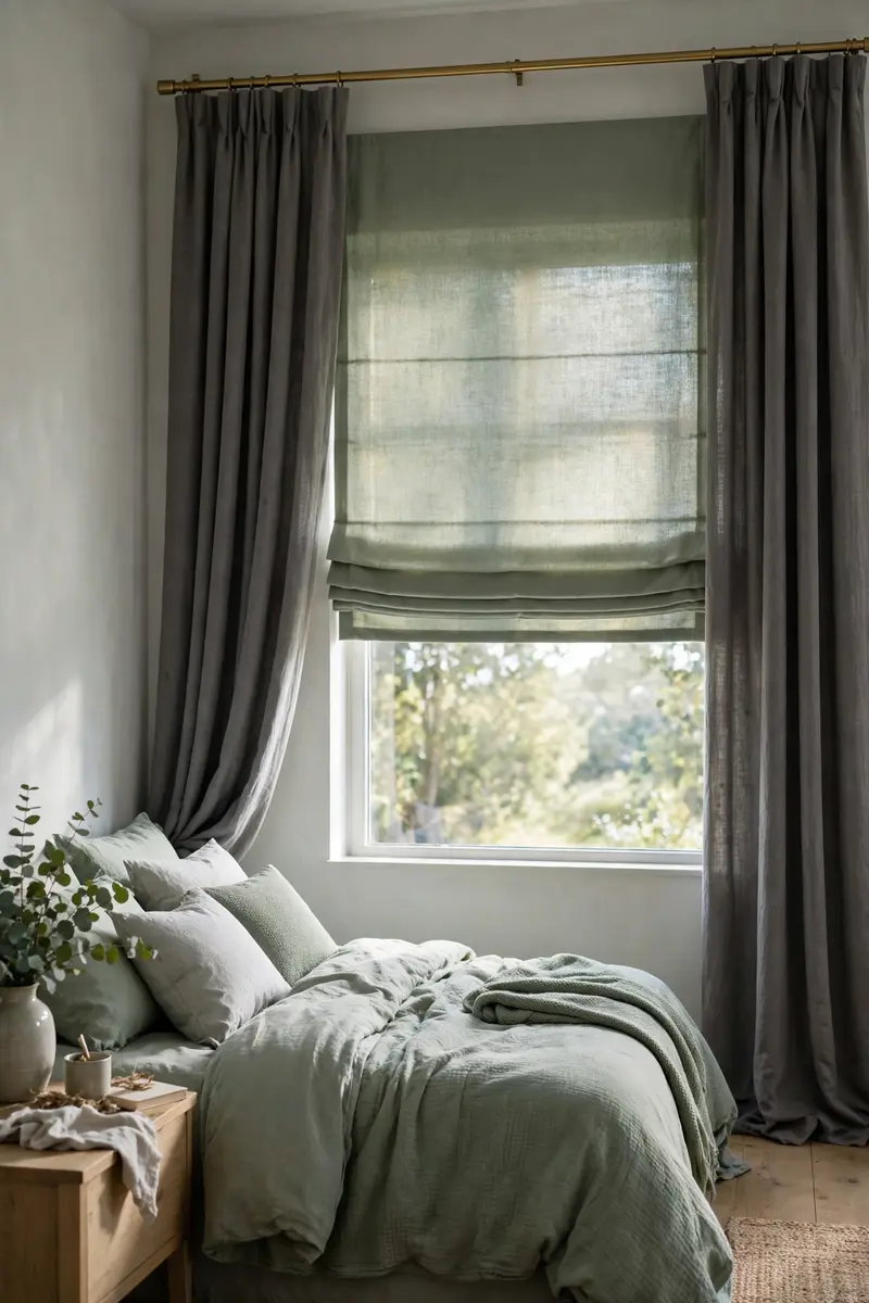 Layered window treatments with grey curtains and sage roman shades
