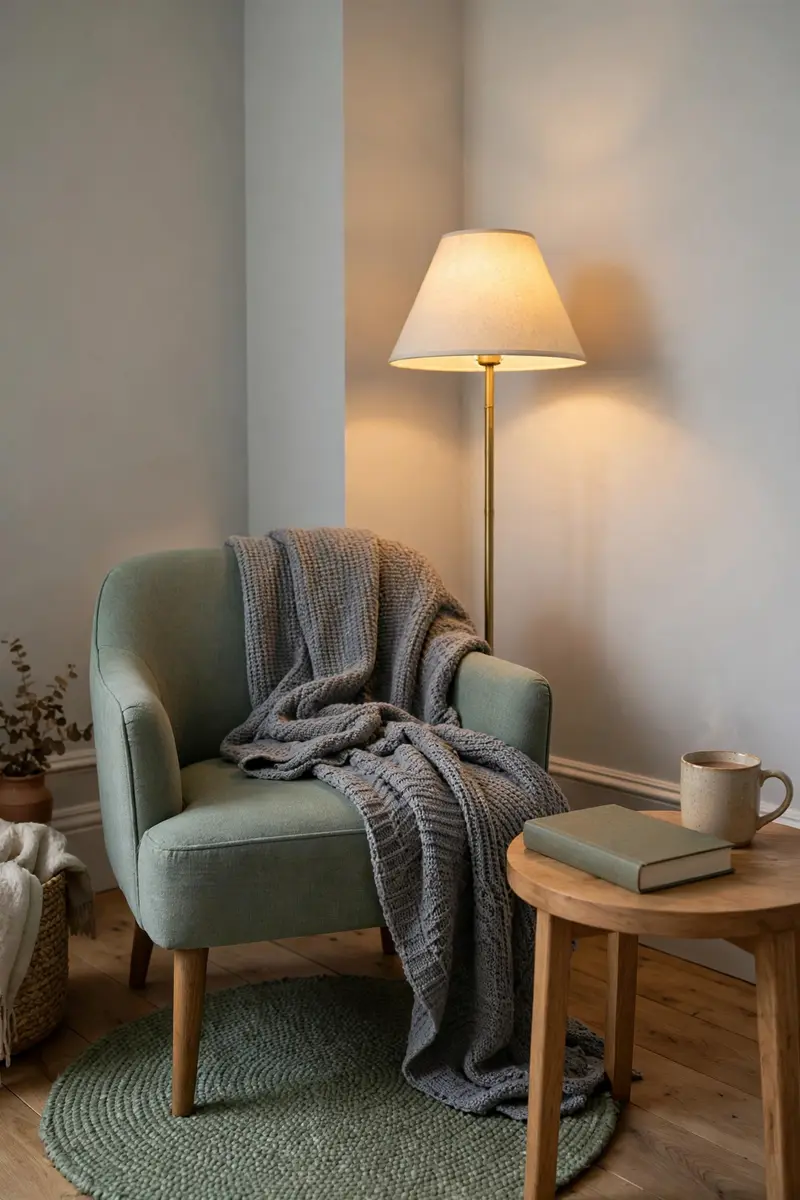 Cozy sage green reading corner with accent chair and brass floor lamp