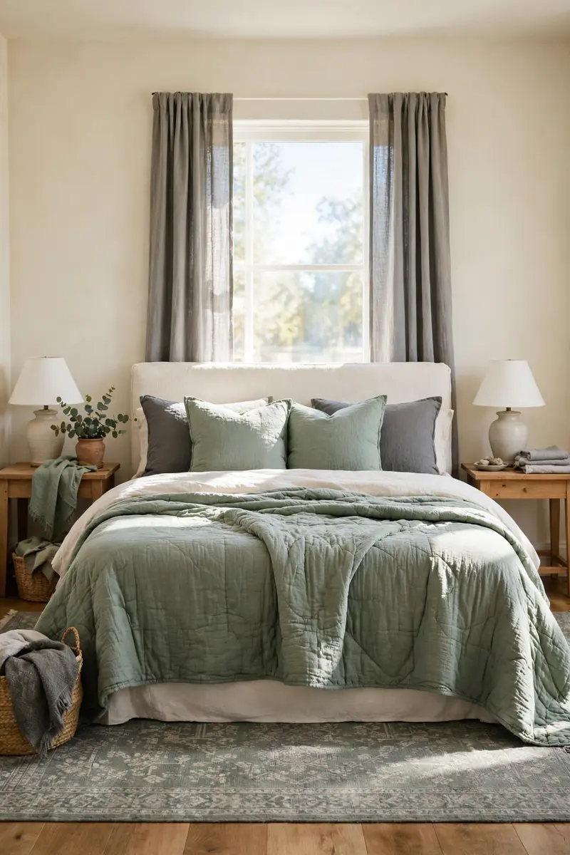 Renter-friendly sage and grey bedroom styled with textiles only