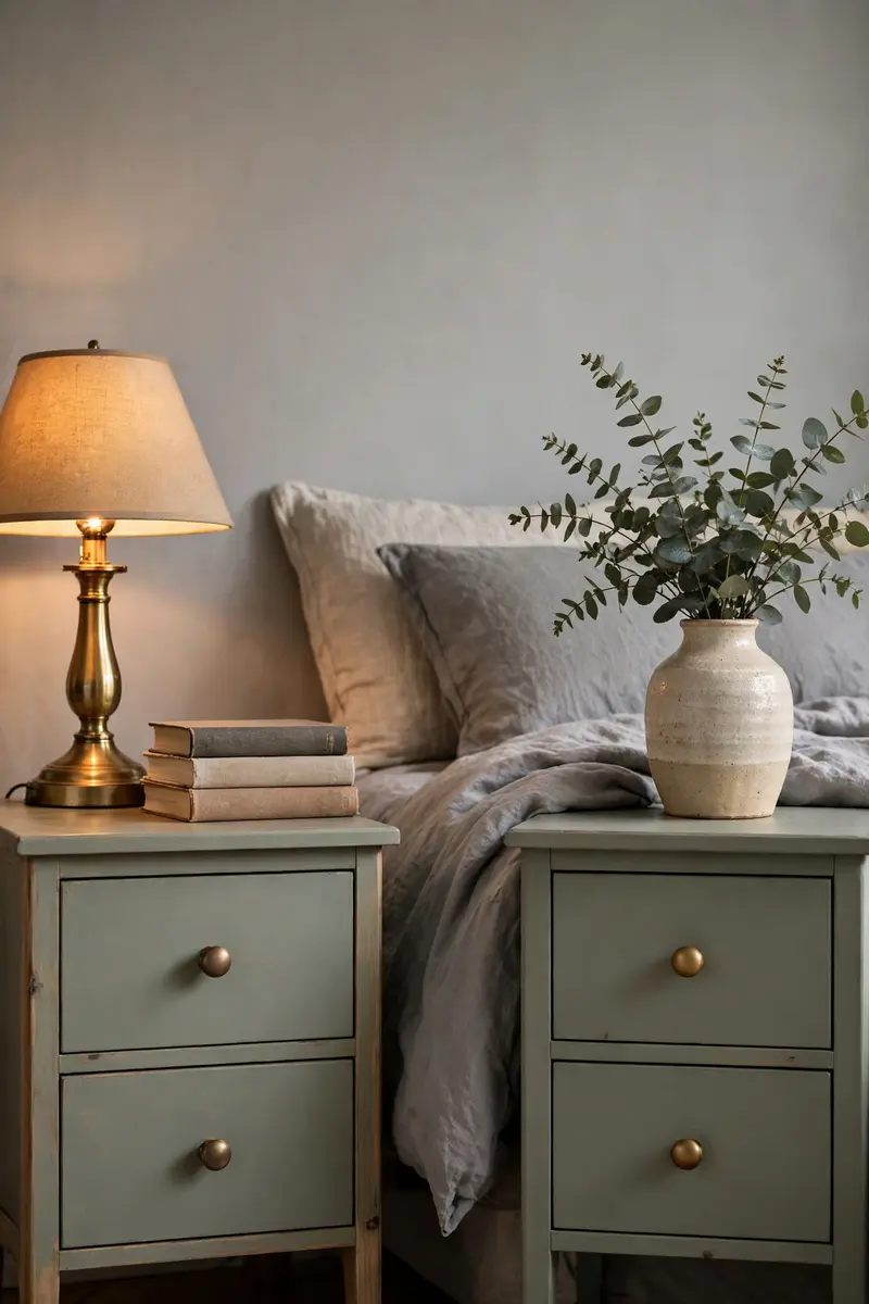 Wooden nightstands painted sage green with brass knobs beside grey bedding