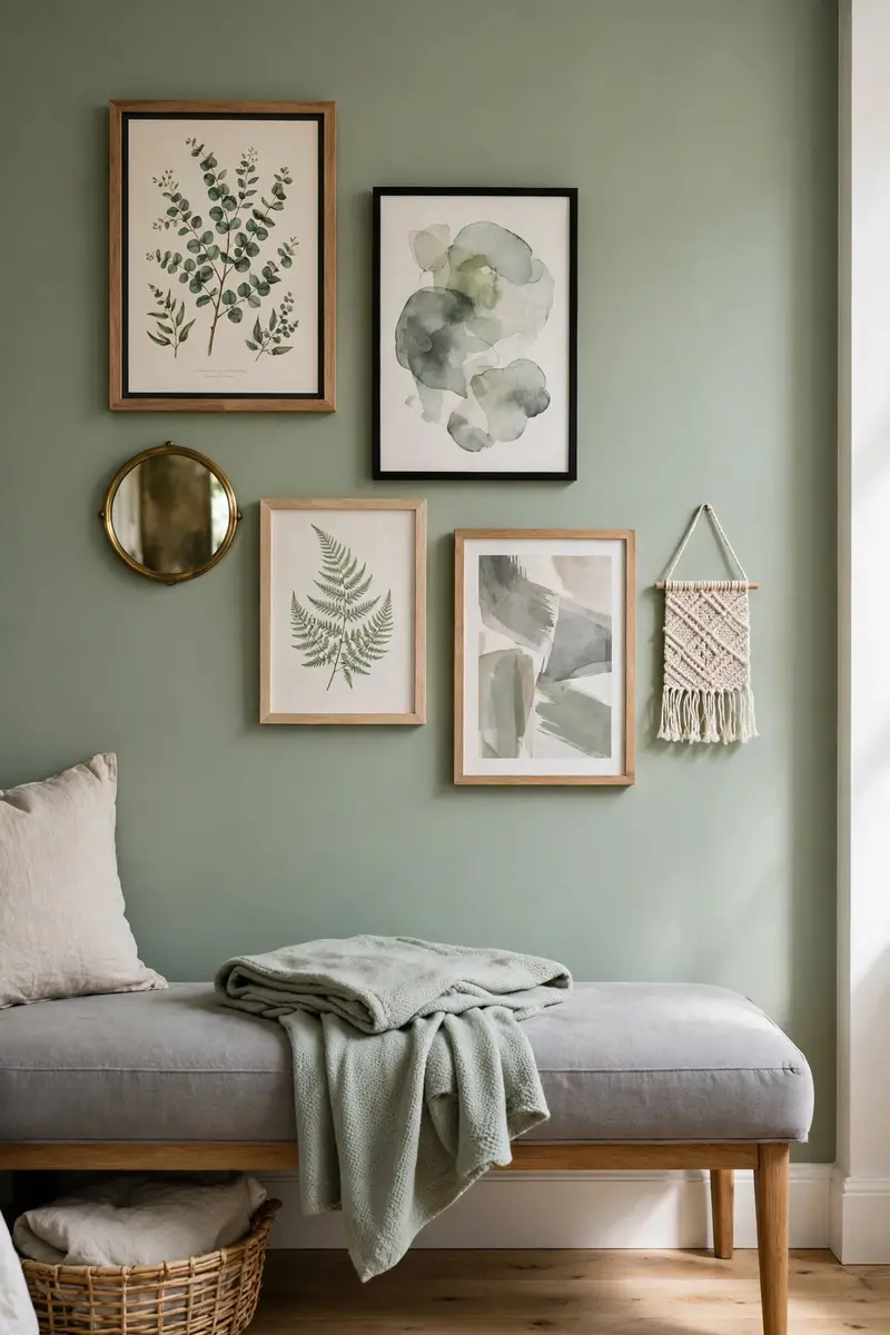 Eclectic gallery wall of sage and grey art above a bedroom bench