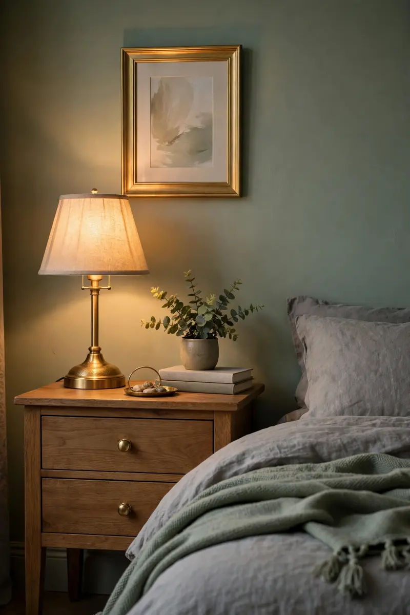 Brushed brass table lamp and gold accents warming a sage bedroom