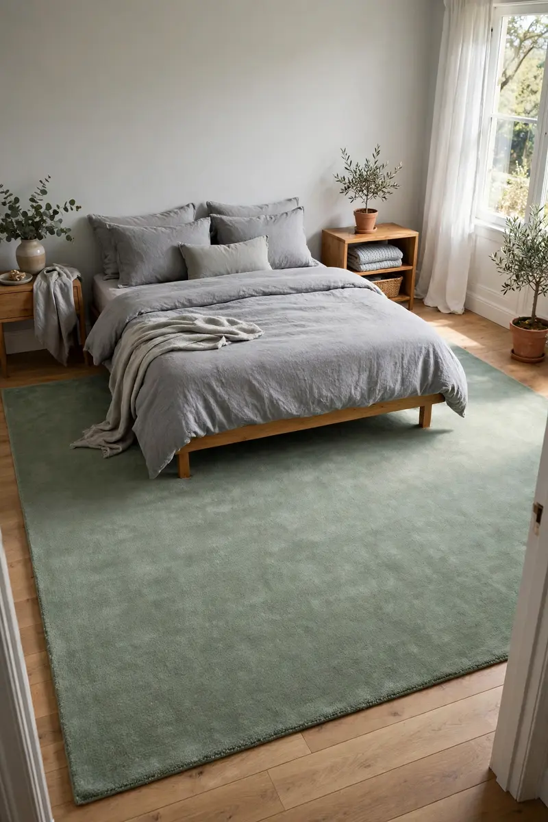 Large sage green area rug anchoring a grey bedroom