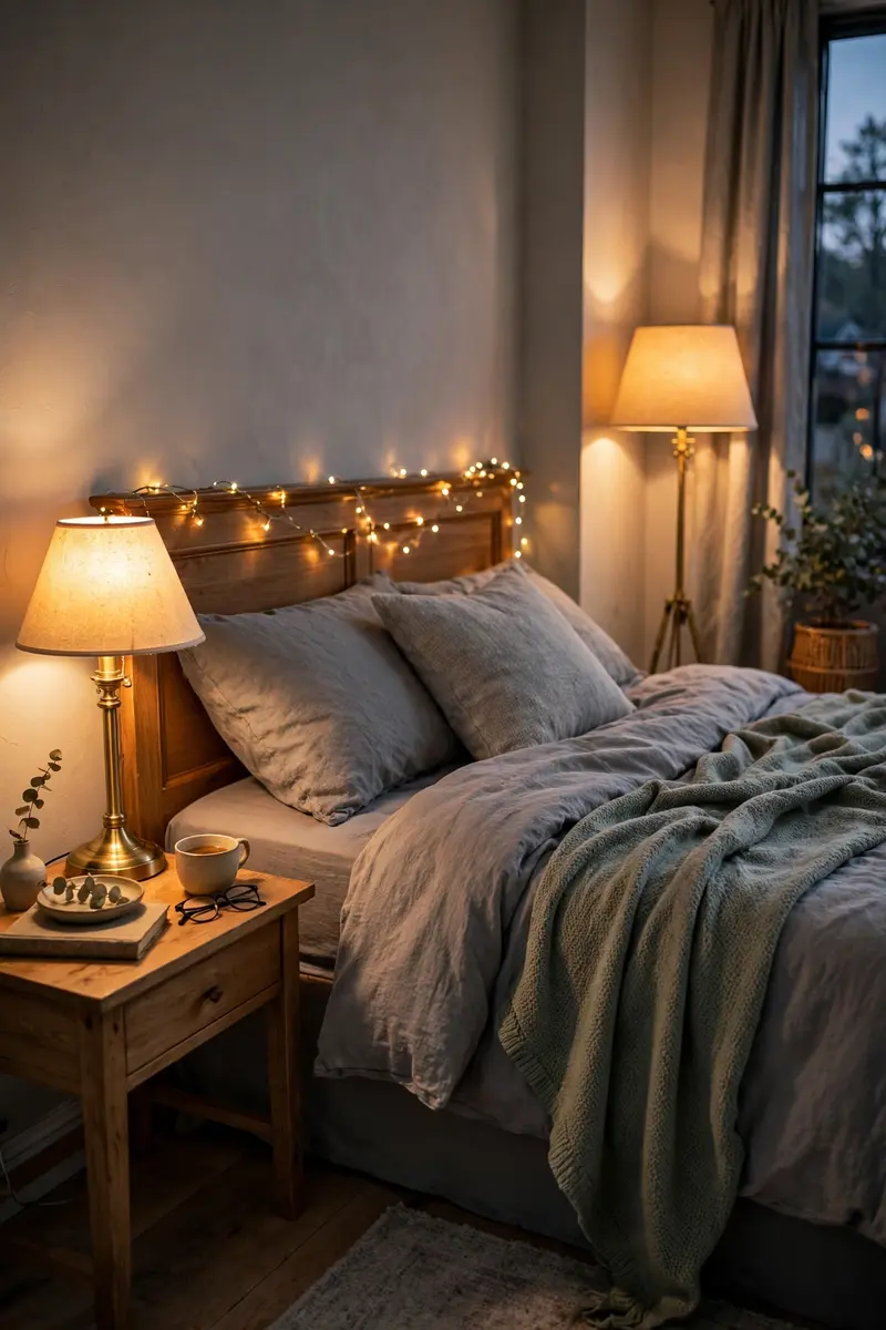 Warm layered lighting making a grey bedroom feel cozy at dusk