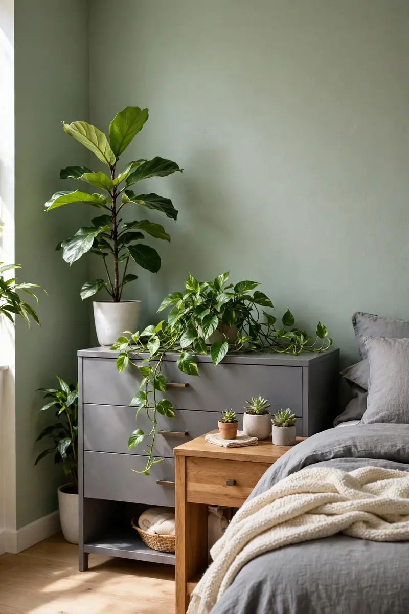 Houseplants in white pots echoing sage tones in a bedroom corner